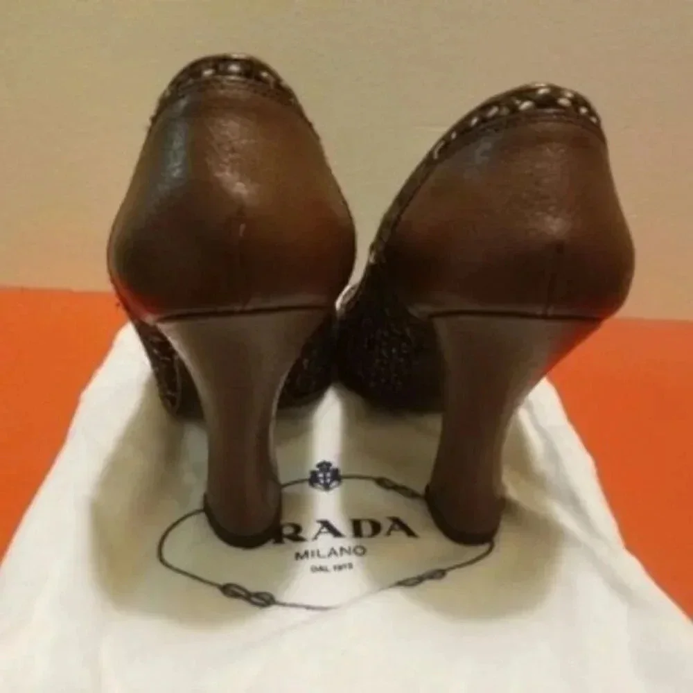 Prada Tweed Vintage 90s Heels Brown Tan Pumps Shoes 39 8.5